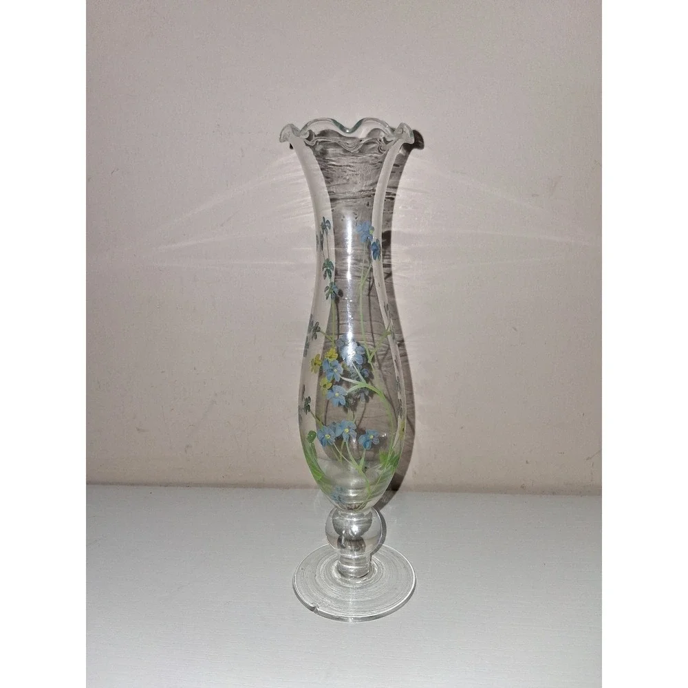 Vintage Hand Painted Glass Bud Vase Forget Me Not Flowers Ruffled Rim 7.5
